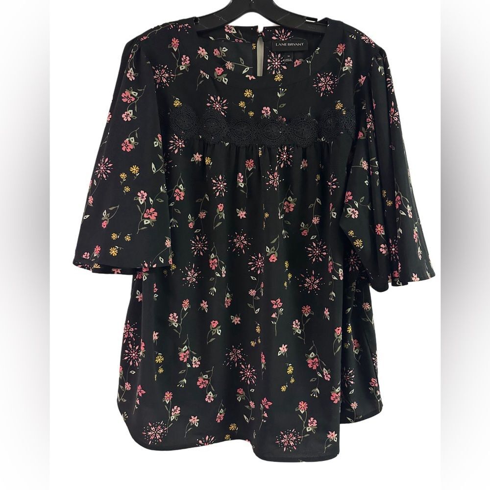 Lane Bryant Black Floral Lace Flutter Sleeve Top Size 14